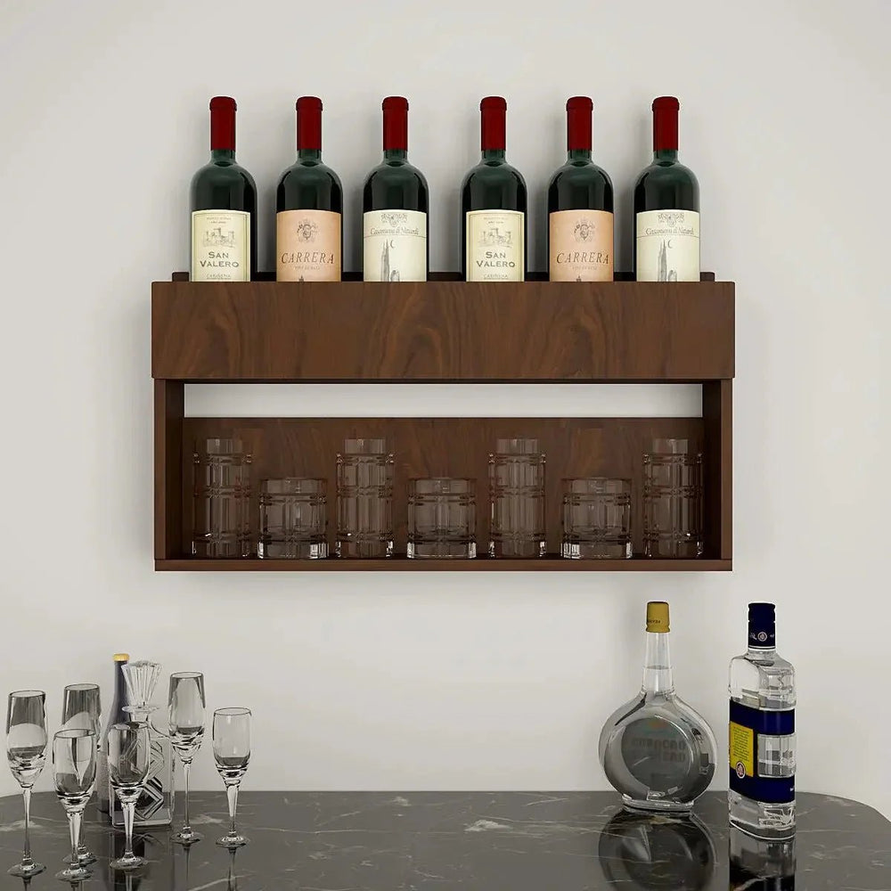 Modish Backlit MDF Bar Wall Shelf / Mini Bar Cabinet in Walnut Finish - All India Decor