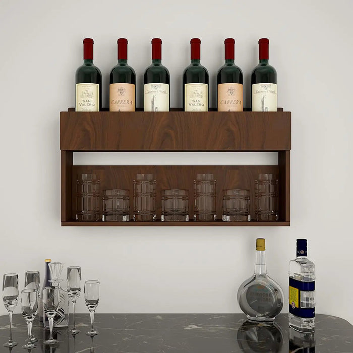 Modish Backlit MDF Bar Wall Shelf / Mini Bar Cabinet in Walnut Finish