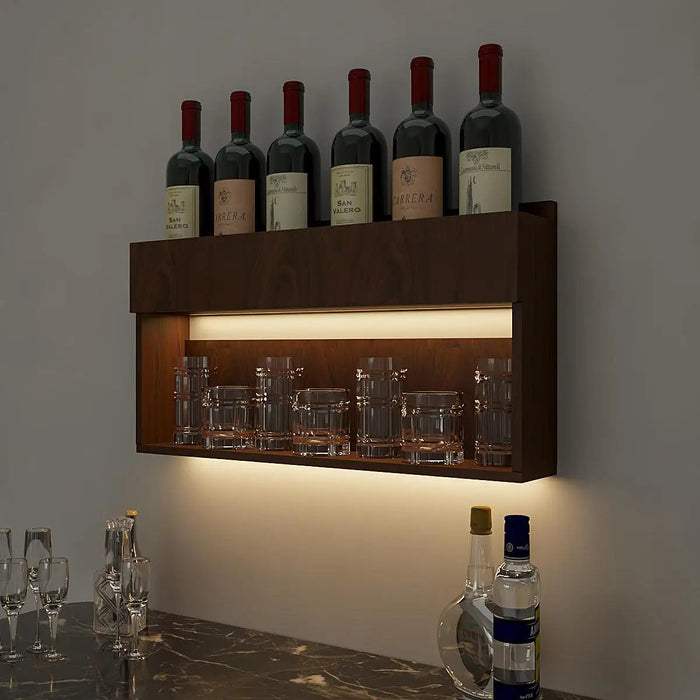 Modish Backlit MDF Bar Wall Shelf / Mini Bar Cabinet in Walnut Finish