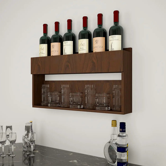 Modish Backlit MDF Bar Wall Shelf / Mini Bar Cabinet in Walnut Finish