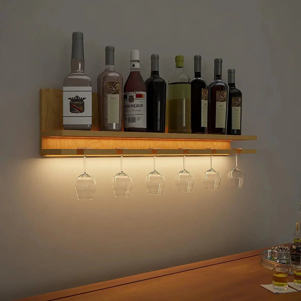 Aesthetic Backlit MDF Bar Wall Shelf / Mini Bar Cabinet (Light Oak FInish) - All India Decor