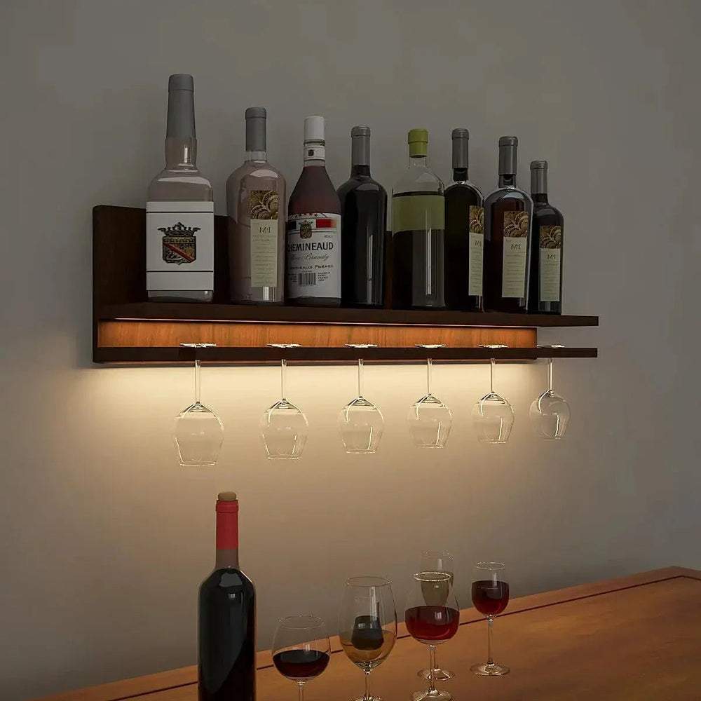 Aesthetic Backlit MDF Bar Wall Shelf / Mini Bar Cabinet (Walnut Finish) - All India Decor
