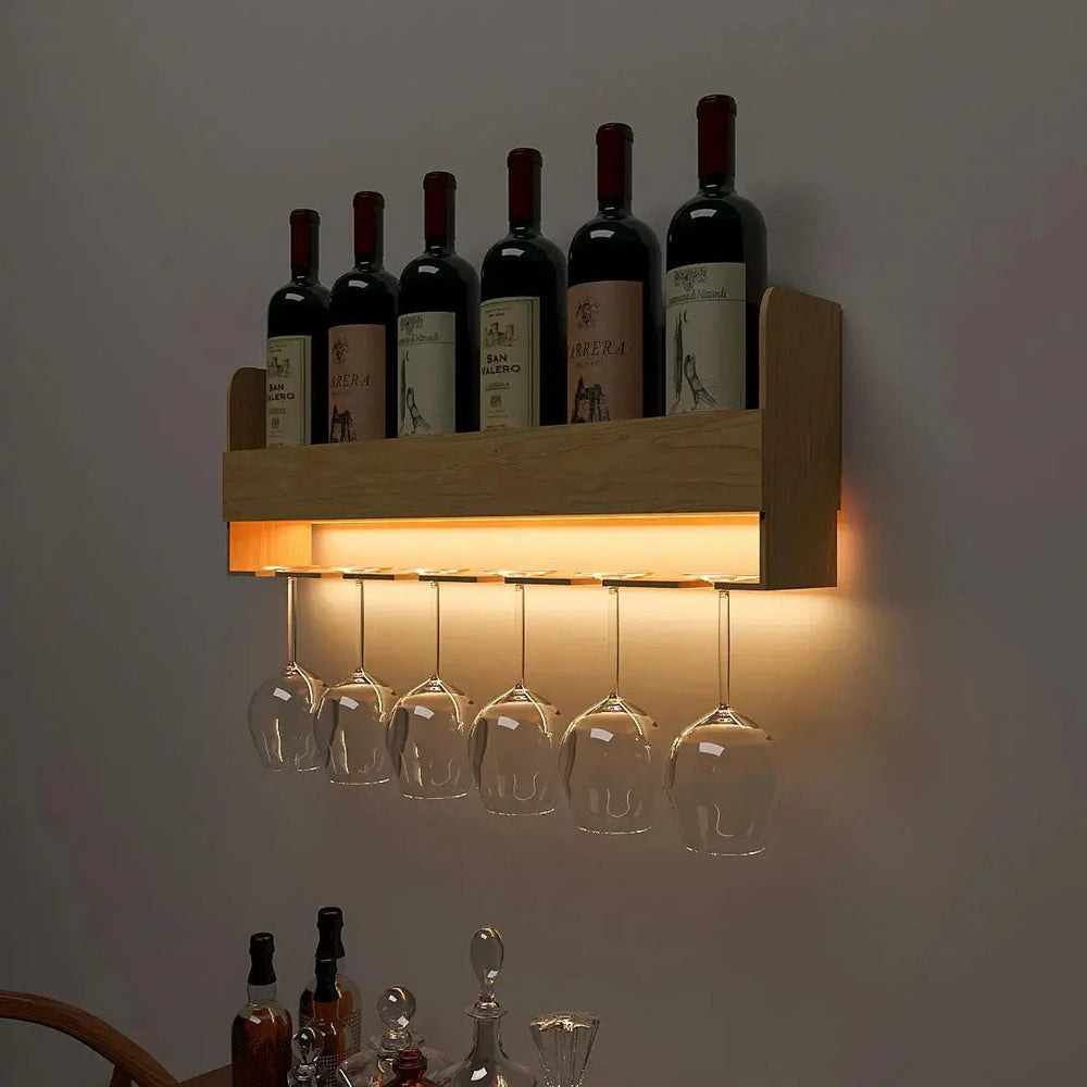 Minimalistic Backlit Wall Mounted Bar Shelf in Light Oak Finish - All India Decor