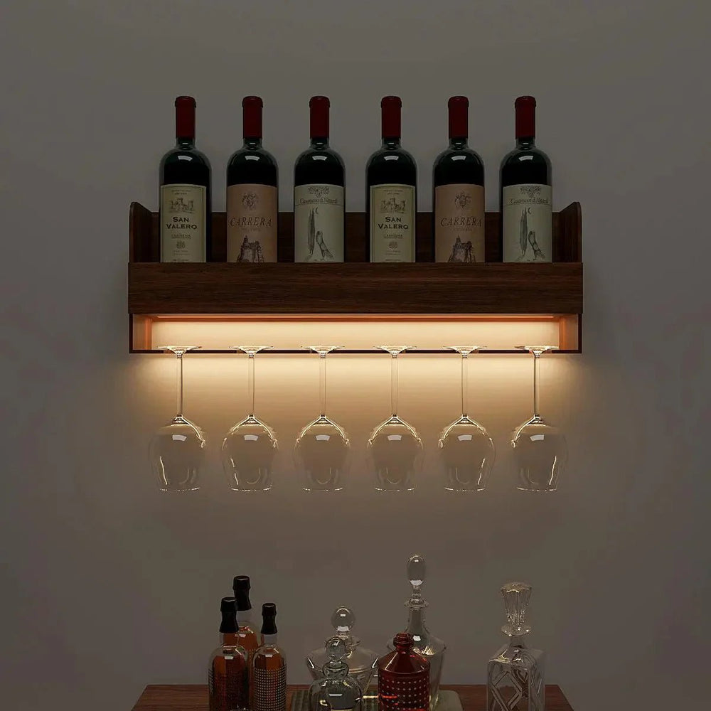 Backlit MDF Bar Wall Shelf - cum - Mini Bar Cabinet in Walnut Finish - All India Decor
