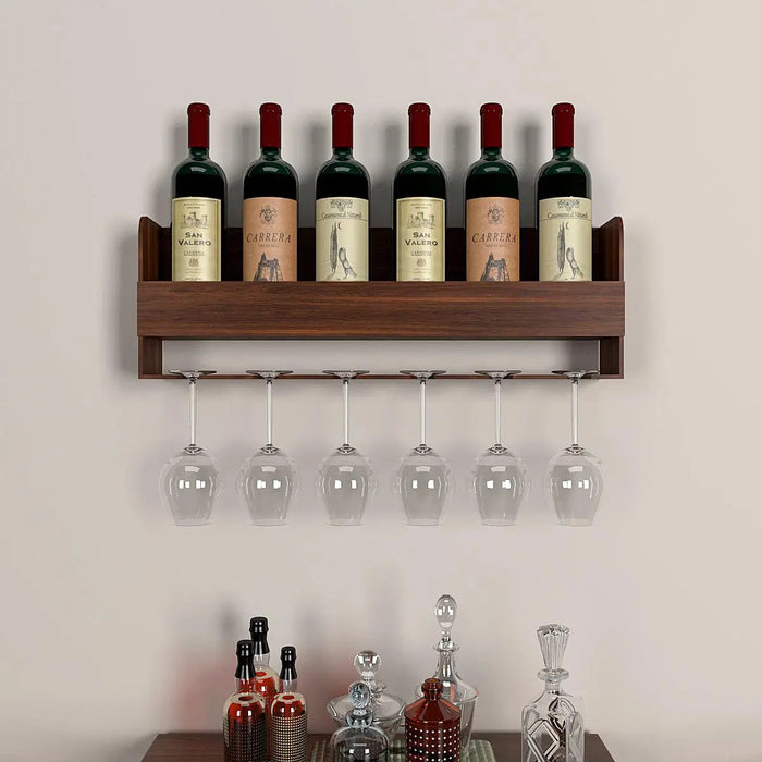 Backlit MDF Bar Wall Shelf-cum-Mini Bar Cabinet in Walnut Finish