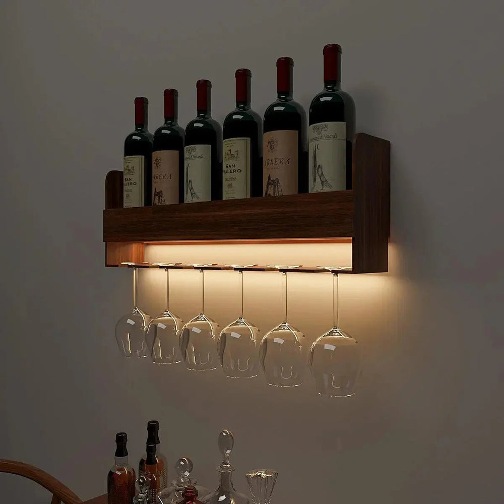 Engineered Wood Backlit Bar Wall Shelf / Mini Bar Cabinet in Walnut Finish - All India Decor