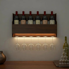 Spacious Backlit MDF Bar Wall Shelf / Mini Bar Cabinet in Walnut Finish - All India Decor