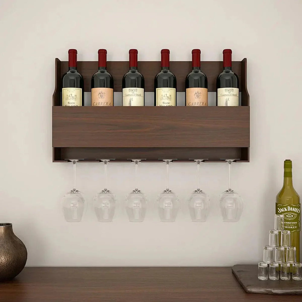 Spacious Backlit MDF Bar Wall Shelf / Mini Bar Cabinet in Walnut Finish - All India Decor