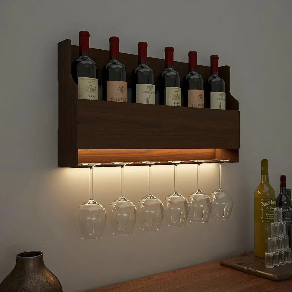 Spacious Backlit MDF Bar Wall Shelf / Mini Bar Cabinet in Walnut Finish - All India Decor