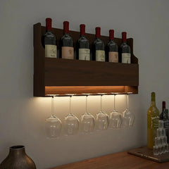 Spacious Backlit MDF Bar Wall Shelf / Mini Bar Cabinet in Walnut Finish - All India Decor