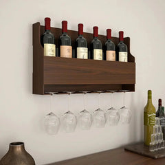 Spacious Backlit MDF Bar Wall Shelf / Mini Bar Cabinet in Walnut Finish - All India Decor