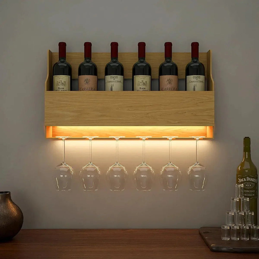 Premium Backlit MDF Bar Wall Shelf - cum - Mini Bar Cabinet in Light Oak Finish - All India Decor
