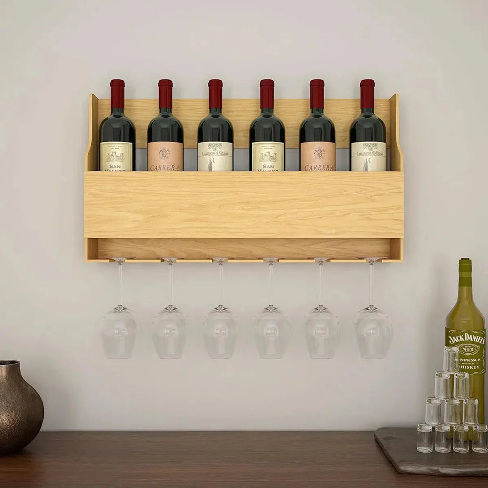 Premium Backlit MDF Bar Wall Shelf - cum - Mini Bar Cabinet in Light Oak Finish - All India Decor