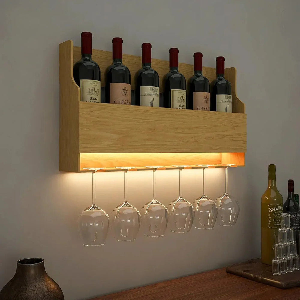 Premium Backlit MDF Bar Wall Shelf - cum - Mini Bar Cabinet in Light Oak Finish - All India Decor