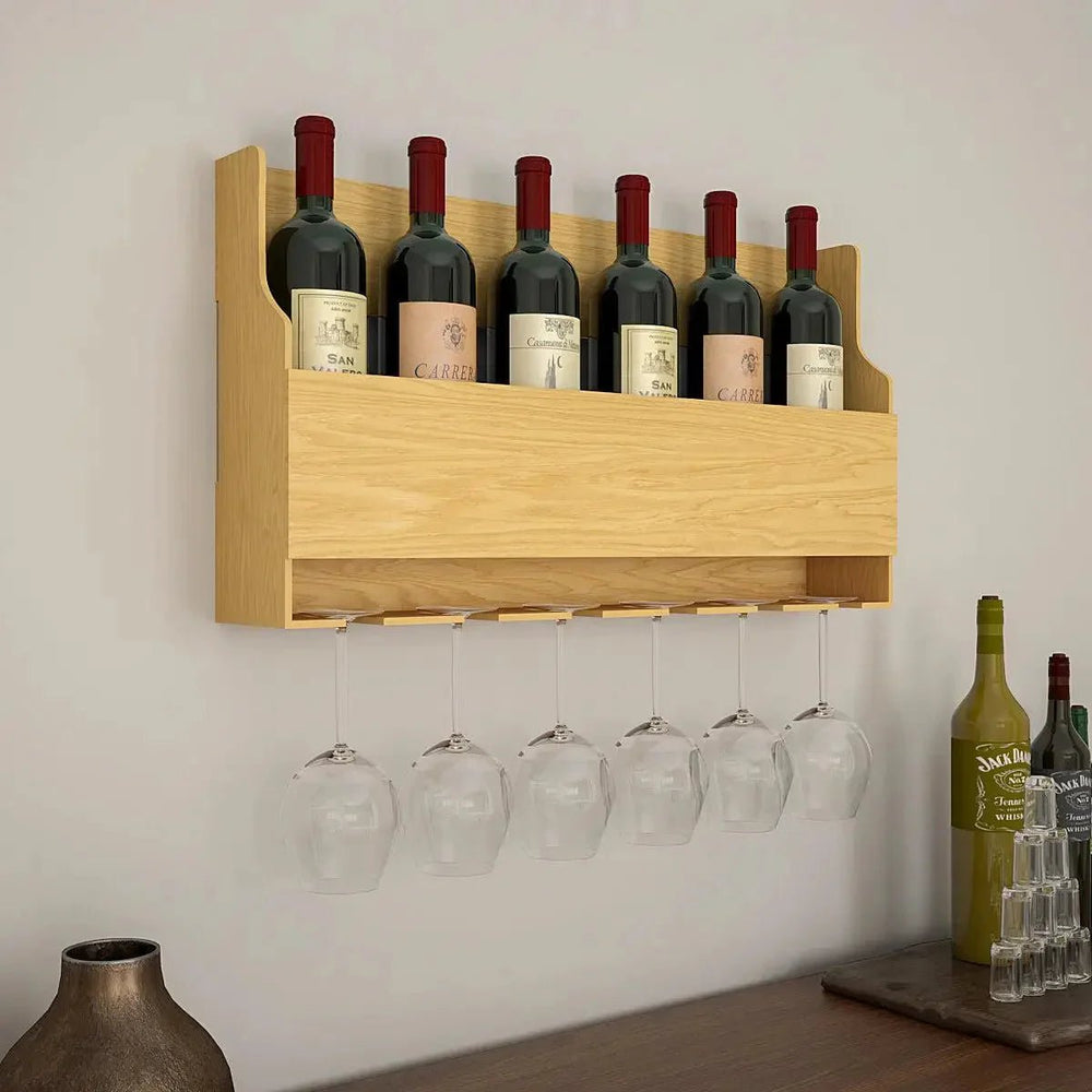Simplistic Backlit MDF Wall Mounted Bar Shelf / Mini Bar Cabinet in Light Oak Finish - All India Decor