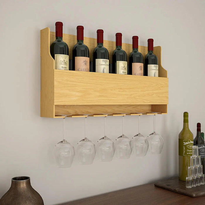 Simplistic Backlit MDF Wall Mounted Bar Shelf / Mini Bar Cabinet in Light Oak Finish