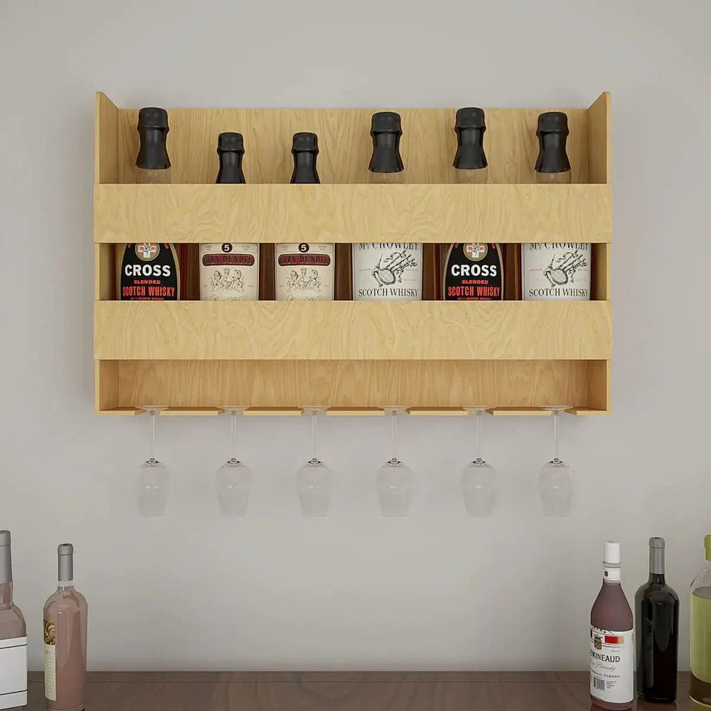 Aesthetic Backlit Wall Mounted Bar Shelf in Light Oak Finish - All India Decor