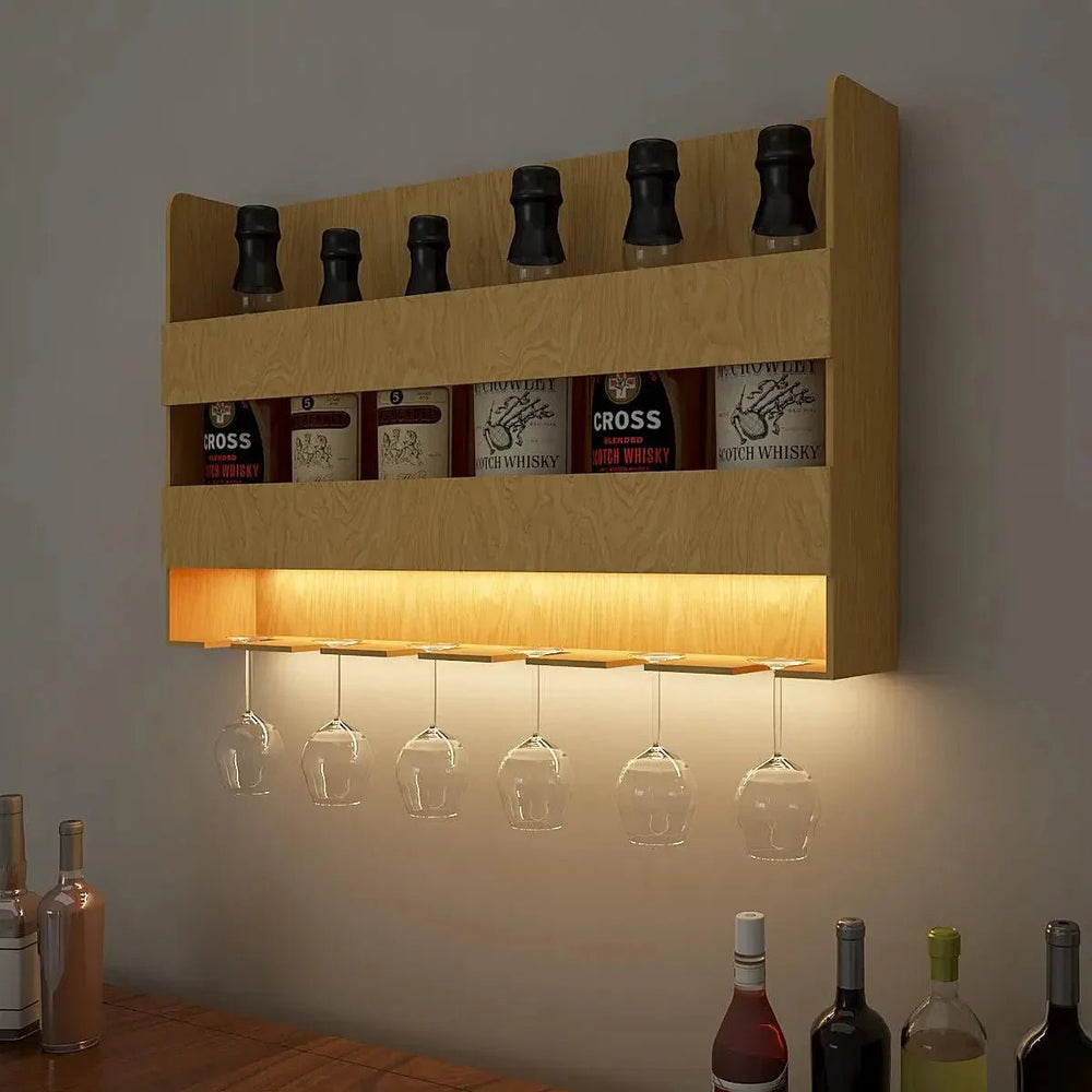 Aesthetic Backlit Wall Mounted Bar Shelf in Light Oak Finish - All India Decor
