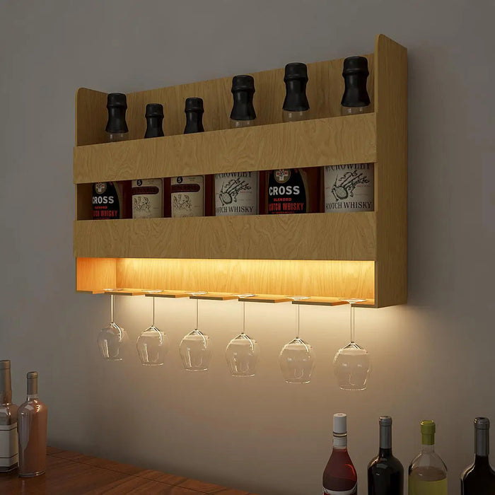 Aesthetic Backlit Wall Mounted Bar Shelf  in Light Oak Finish