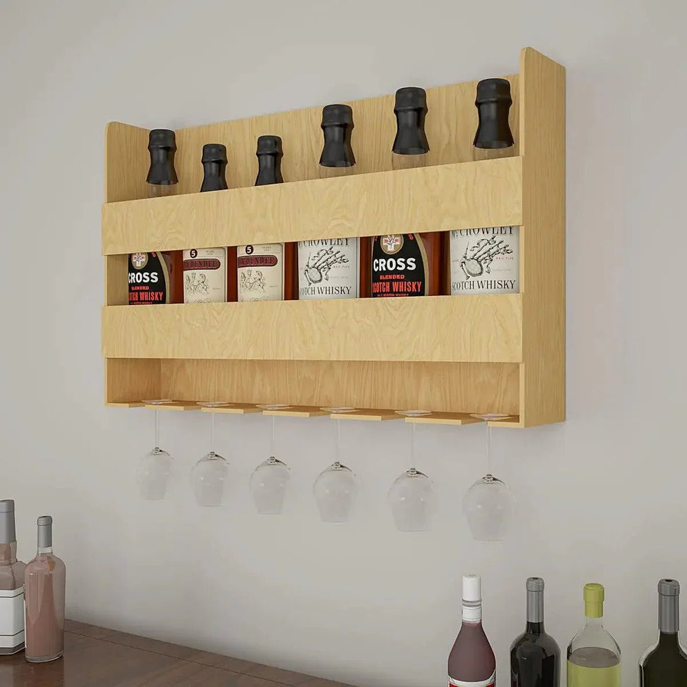 Aesthetic Backlit Wall Mounted Bar Shelf in Light Oak Finish - All India Decor