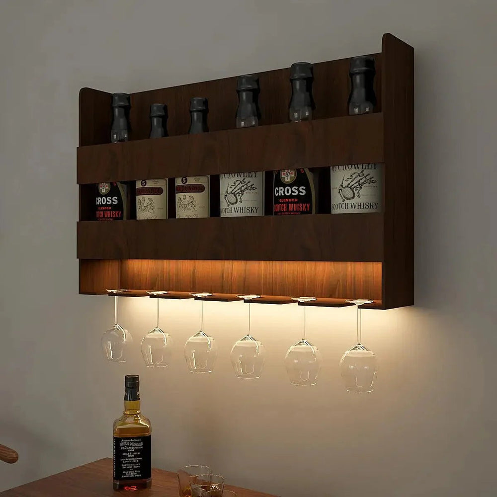 Sturdy Backlit MDF Bar Wall Shelf / Mini Bar Cabinet (Walnut Finish) - All India Decor