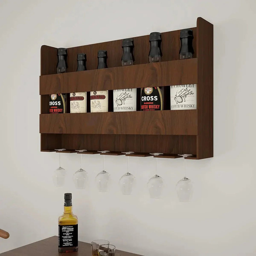 Sturdy Backlit MDF Bar Wall Shelf / Mini Bar Cabinet (Walnut Finish) - All India Decor
