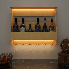Premium - Quality Backlit MDF Bar Wall Shelf / Mini Bar Cabinet in Light Oak Finish - All India Decor