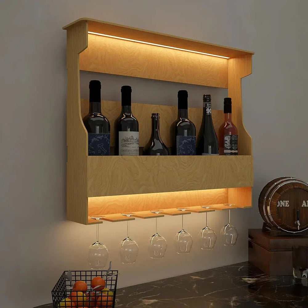 Premium - Quality Backlit MDF Bar Wall Shelf / Mini Bar Cabinet in Light Oak Finish - All India Decor