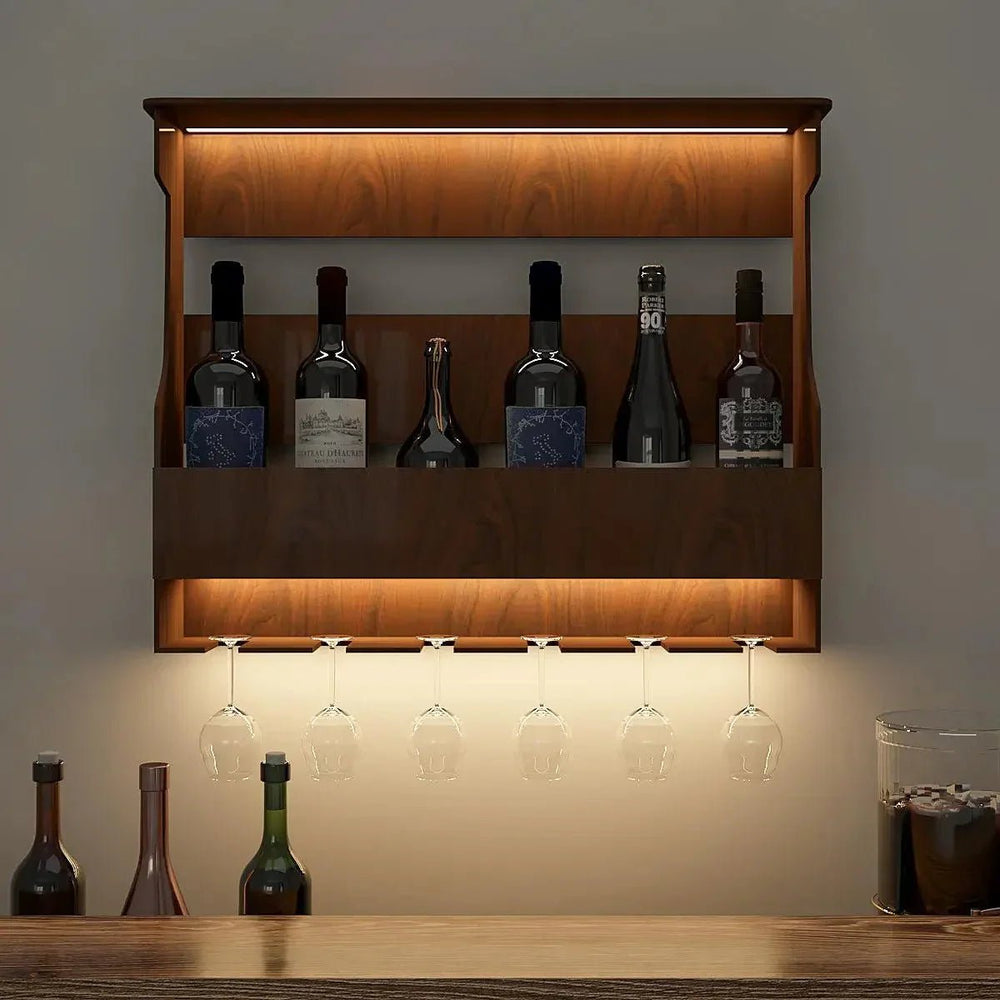 Backlit MDF Bar Wall Shelf / Mini Bar Cabinet in Walnut Finish - All India Decor