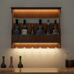 Backlit MDF Bar Wall Shelf / Mini Bar Cabinet in Walnut Finish - All India Decor