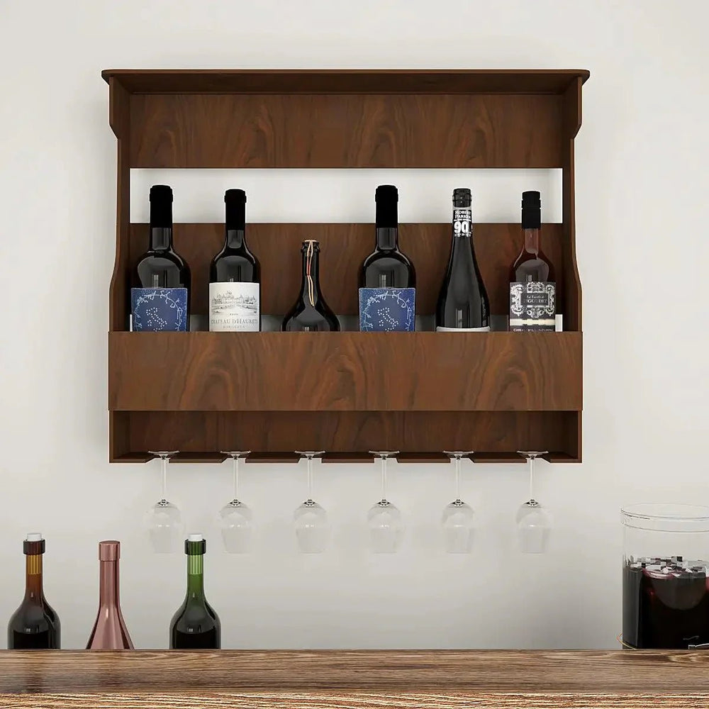Backlit MDF Bar Wall Shelf / Mini Bar Cabinet in Walnut Finish - All India Decor