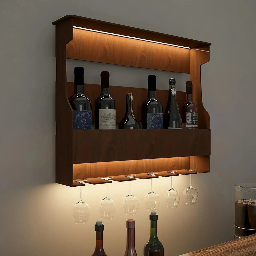 Backlit MDF Bar Wall Shelf / Mini Bar Cabinet in Walnut Finish - All India Decor