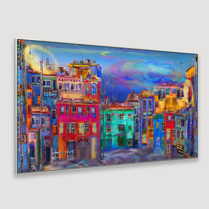 Vibrant homes in Evening street Framed Wall Art