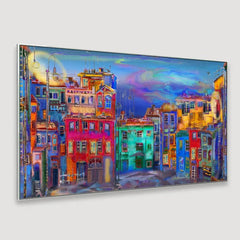 Vibrant homes in Evening street Framed Wall Art - All India Decor