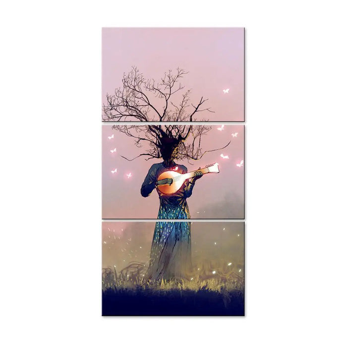 Tree Playing Magical Music Wall Painting Wooden Framed 3 Pieces Canvas Painting