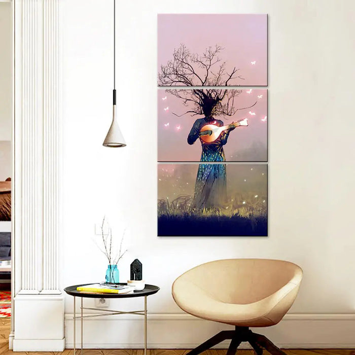 Tree Playing Magical Music Wall Painting Wooden Framed 3 Pieces Canvas Painting