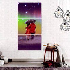 Couple Under Umbrella in Rainy Day Wall Painting Wooden Framed 3 Pieces Canvas Painting - All India Decor