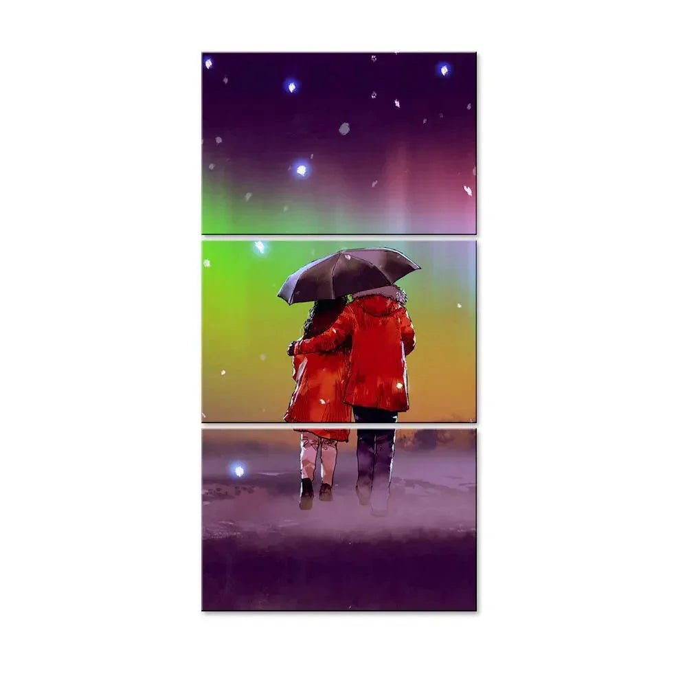 Couple Under Umbrella in Rainy Day Wall Painting Wooden Framed 3 Pieces Canvas Painting - All India Decor