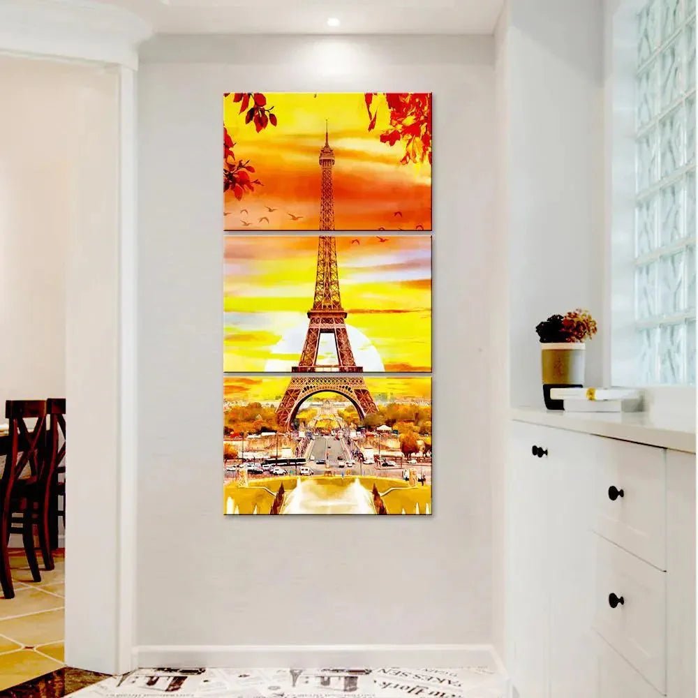 Eiffel Tower Autumn Season Wall Painting Wooden Framed 3 Pieces Canvas Painting - All India Decor