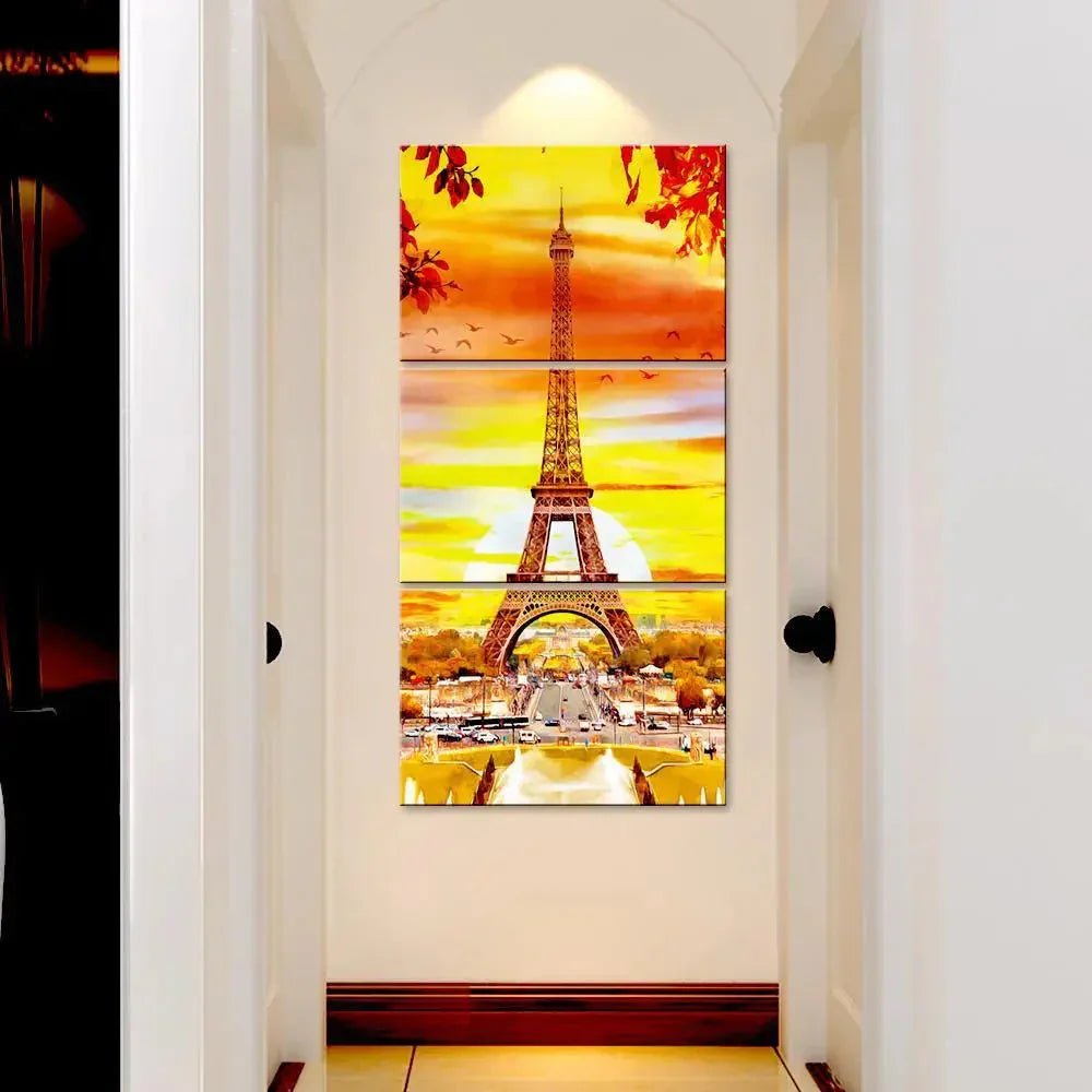 Eiffel Tower Autumn Season Wall Painting Wooden Framed 3 Pieces Canvas Painting - All India Decor