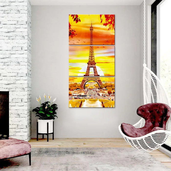 Eiffel Tower Autumn Season Wall Painting Wooden Framed 3 Pieces Canvas Painting