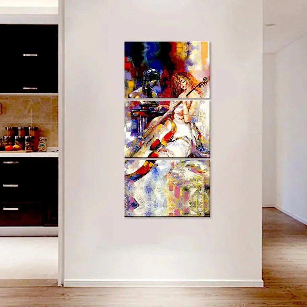 Beautiful Girl Playing Violin Wall Painting Wooden Framed 3 Pieces Canvas Painting - All India Decor