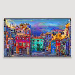 Vibrant homes in Evening street Framed Wall Art - All India Decor