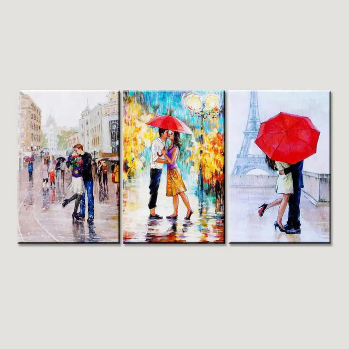 A Pair of lovers under an umbrella, Eiffel Tower, Paris,3 Pieces Canvas Printed Painting