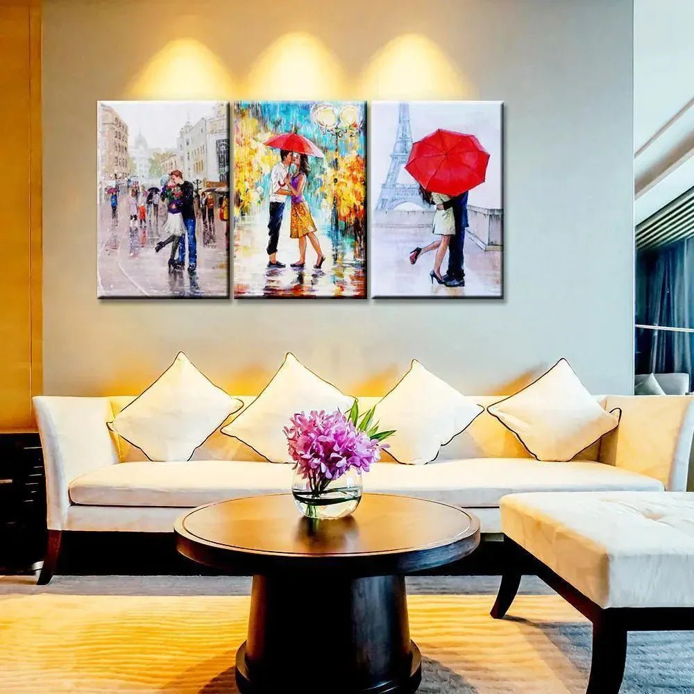 A Pair of lovers under an umbrella, Eiffel Tower, Paris,3 Pieces Canvas Printed Painting - All India Decor