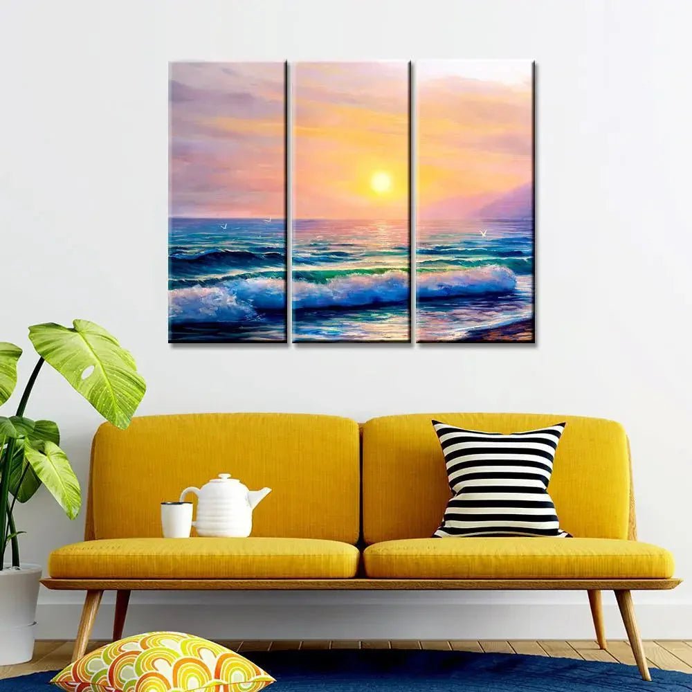 Beautiful Sea Sunset Scenery 3 Pieces Wall Painting with Wooden Framed - All India Decor