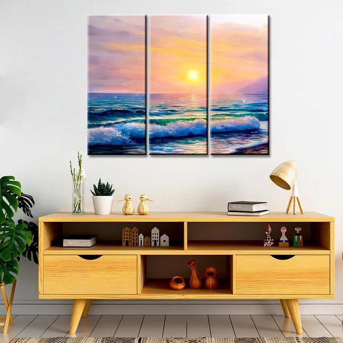 Beautiful Sea Sunset Scenery 3 Pieces Wall Painting with Wooden Framed