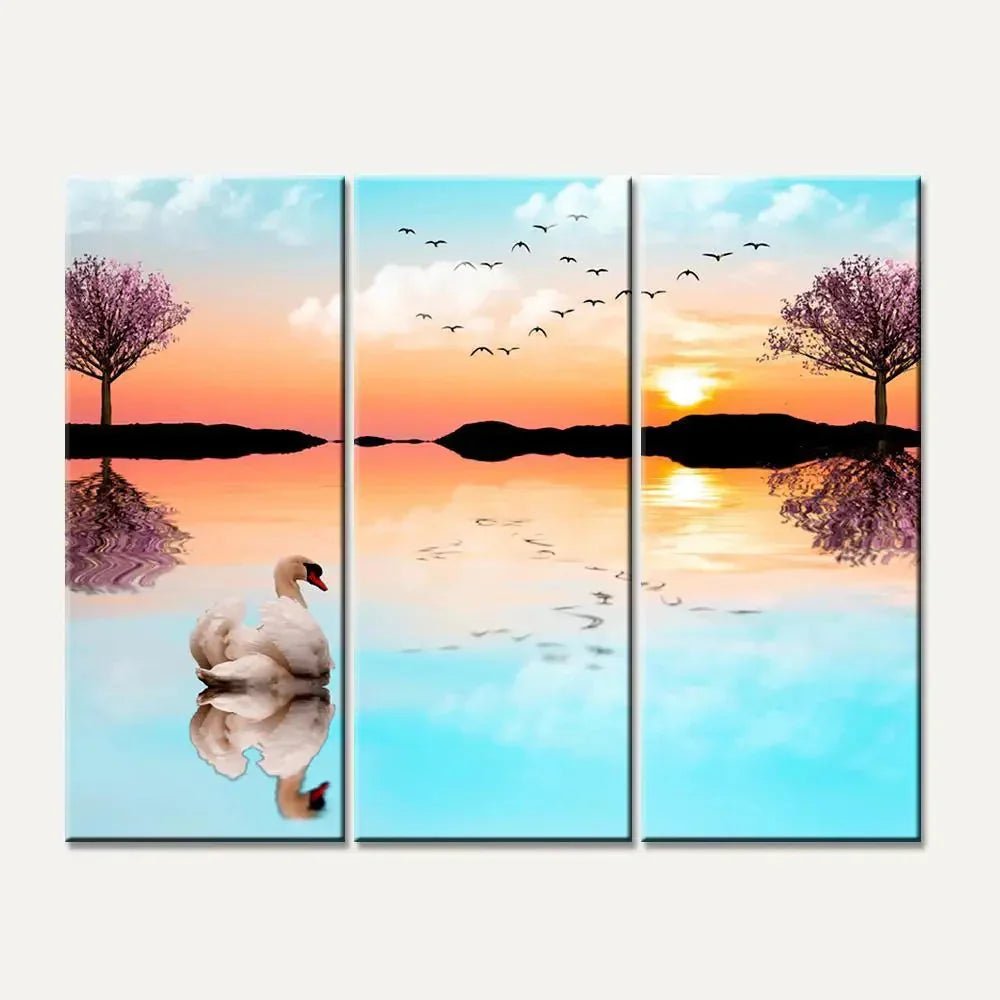 Beautiful Lake Sunrise with Swan 3 Pieces Wall Painting with Wooden Framed - All India Decor