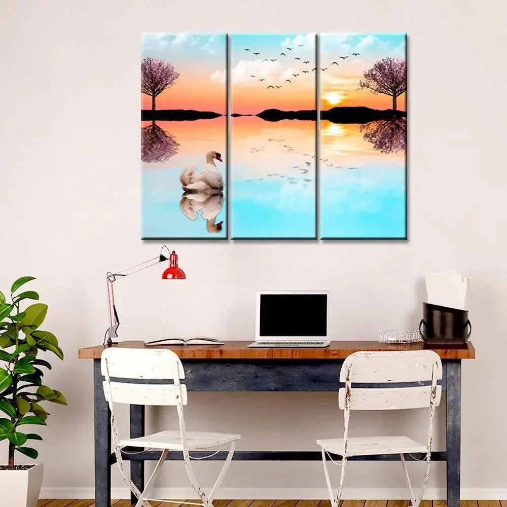Beautiful Lake Sunrise with Swan 3 Pieces Wall Painting with Wooden Framed - All India Decor