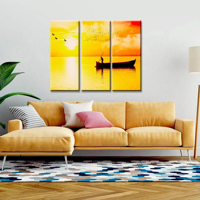 Beautiful Sunset Boat Rowing 3 Pieces Wall Painting with Wooden Framed